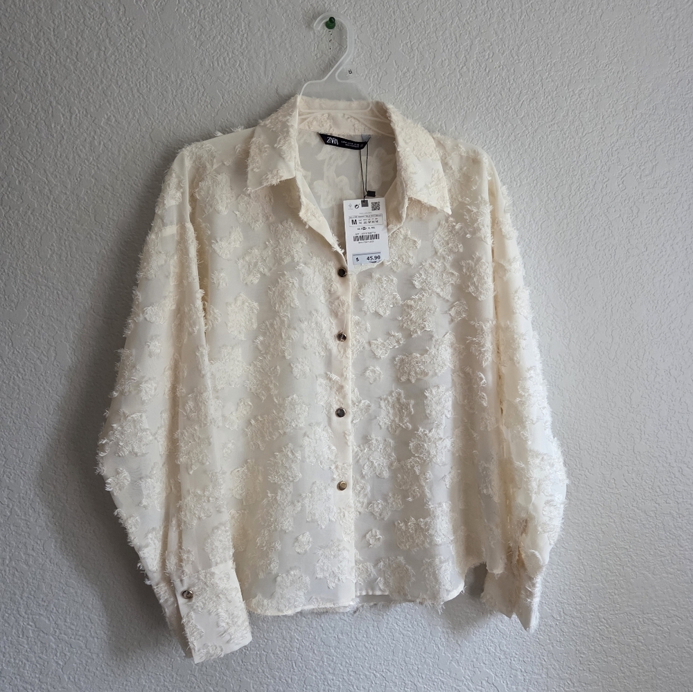Zara Cream Textured Floral Button-Up Blouse